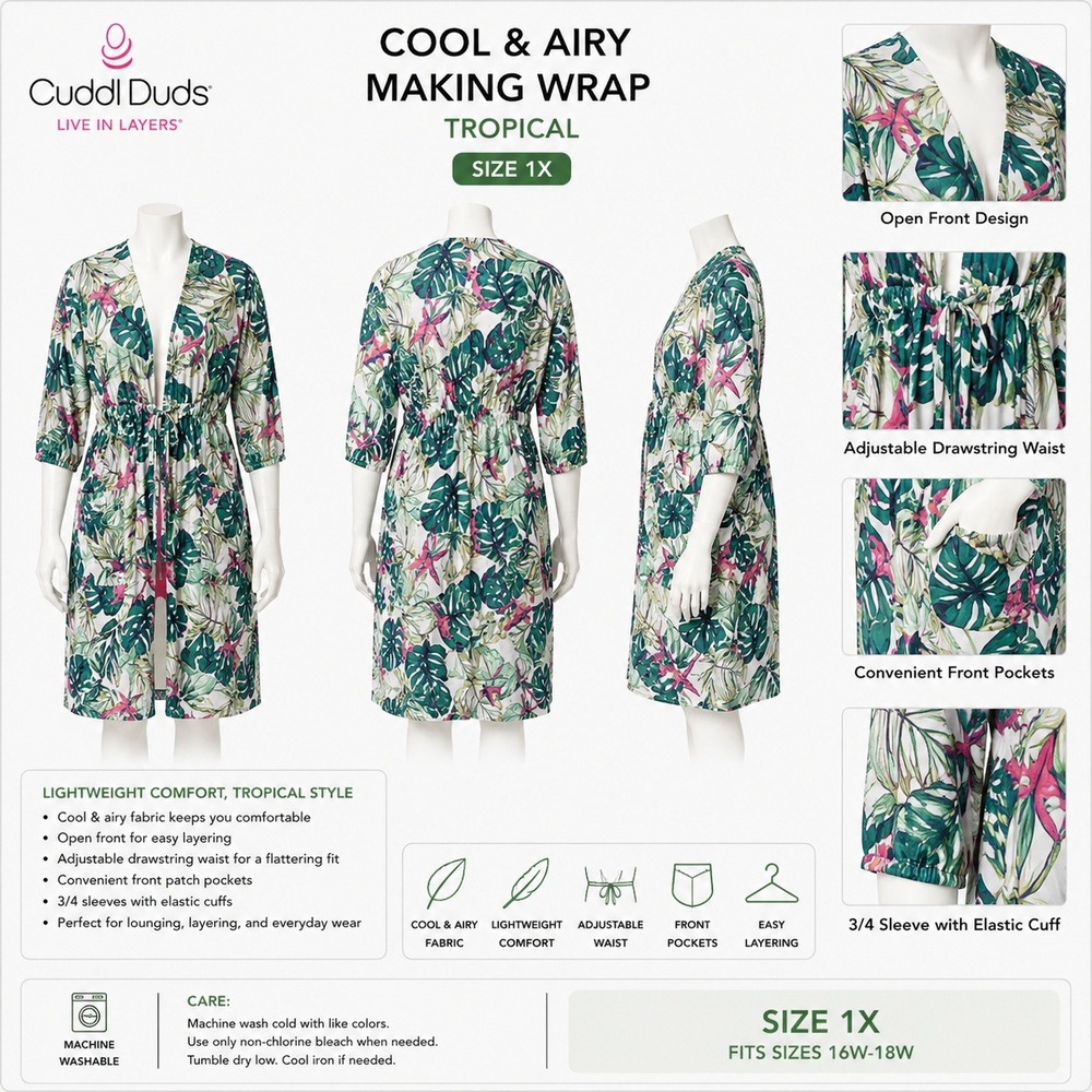 Cuddl Duds Tropical Making Wrap Womens 1X Plus Green Pink Palm Leaf Open Front
